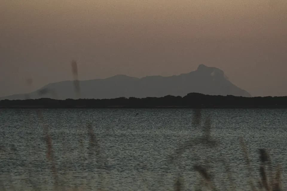 Paesaggio lacustre velato nella foschia serale.